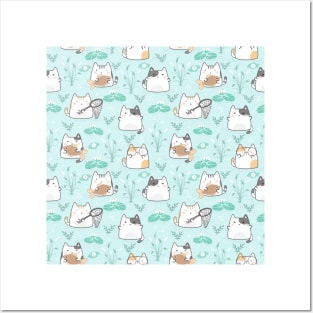 Seamless Pattern Fishes Cute Kawaii Cats Posters and Art